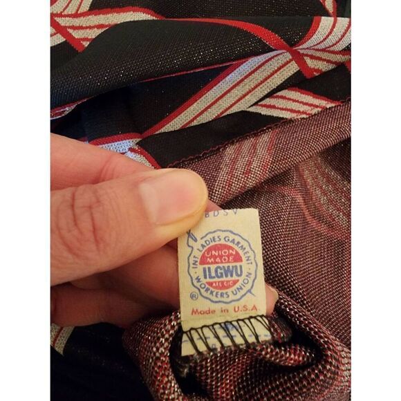 Vintage Monsanto NWT  mock turtleneck shimmer skater dress silver black and red - Picture 5 of 9